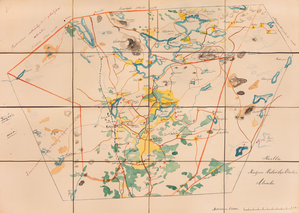 Käsin piirretty kartta mersästysseuran alueesta.